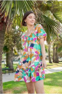 Geo Puff Sleeve Tiered Dress