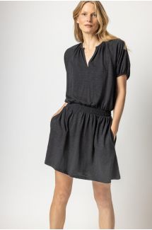 Elastic Waist Split Neck Dress