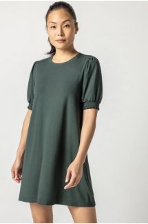 Smocked Sleeve Crewneck Dress
